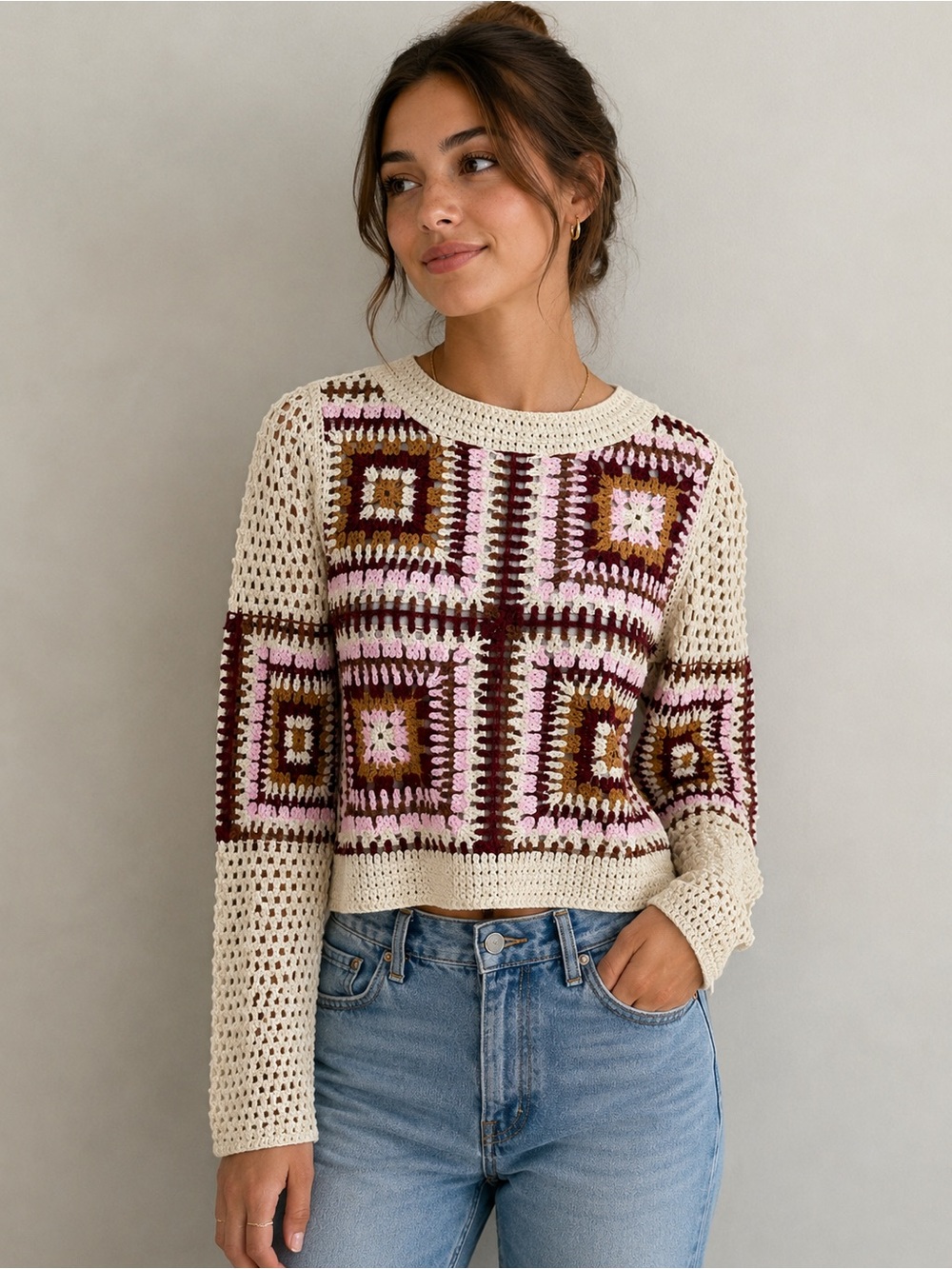 TRUTH BY REPUBLIC || Crochet Cropped Square-Panel Sweater. Sz. M